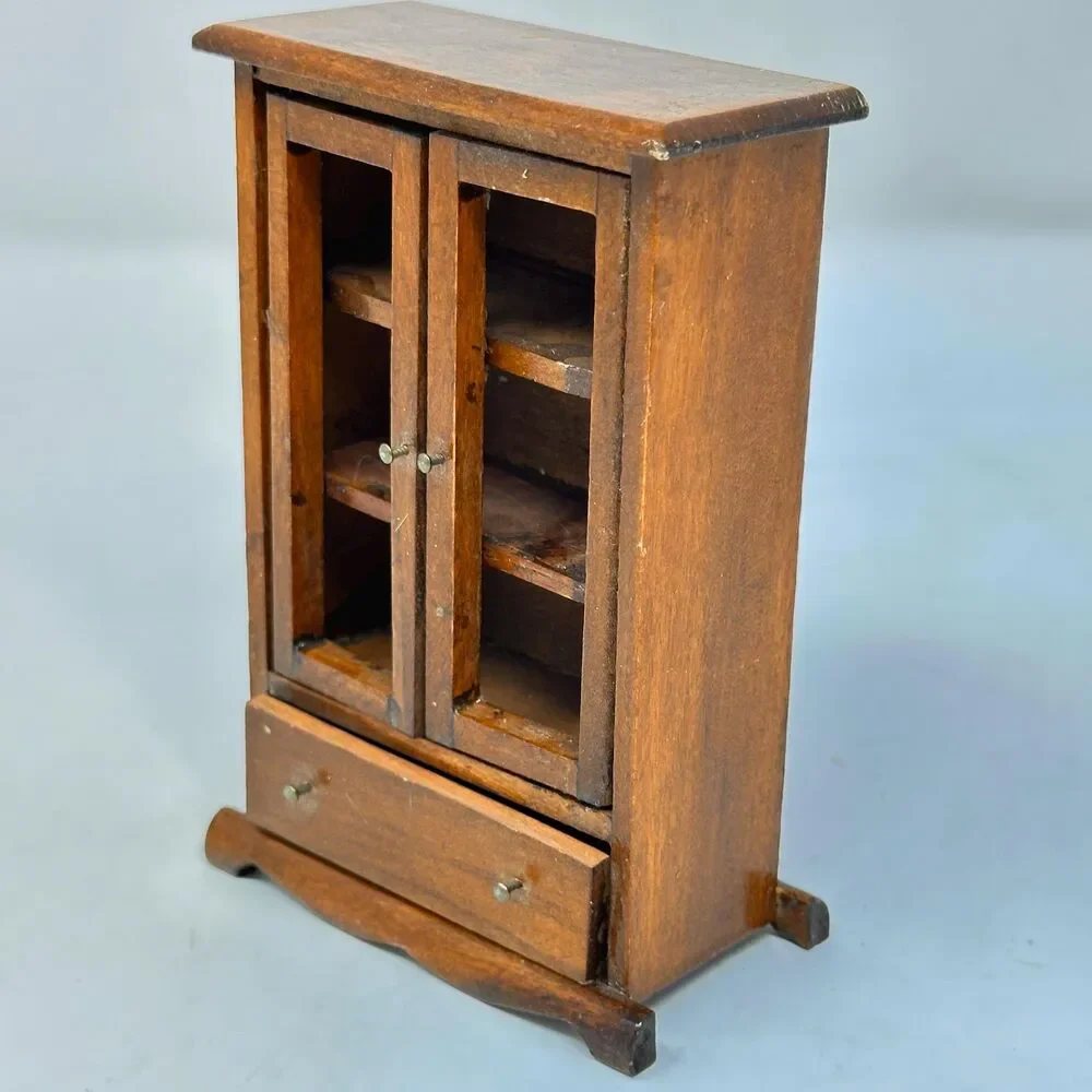 Vintage Miniature Wooden Cabinet Dollhouse Glass Door Hutch Display Case Drawer